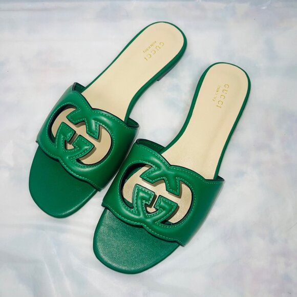 Gucci Green Slide Sandals With Interlocking G Logo Design  Size 41 - Picture 1 of 14